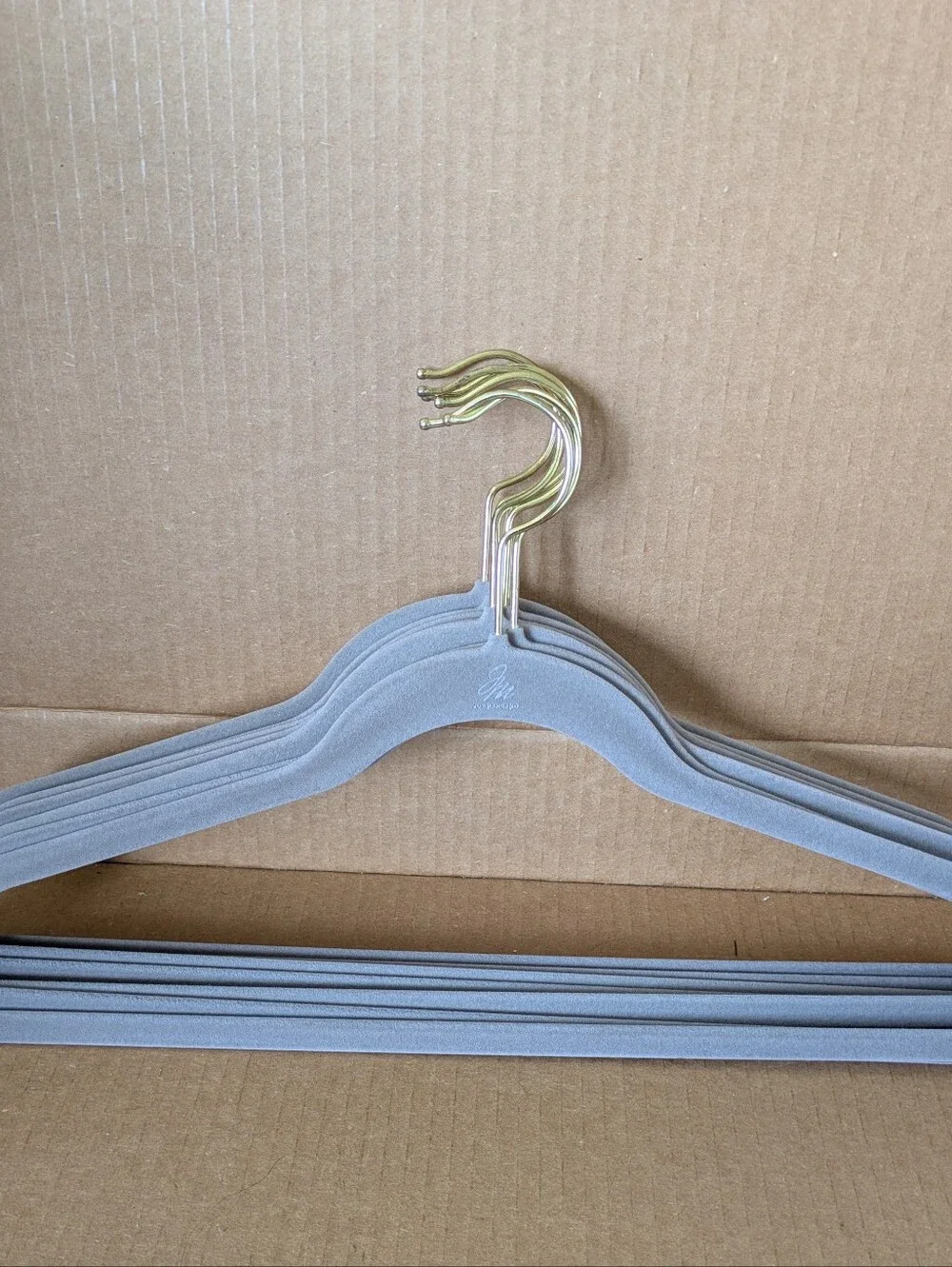 Joy Mangano Gray Velvet Non Slip Slim Hangers with Gold Tone Swivel Hooks Set 7